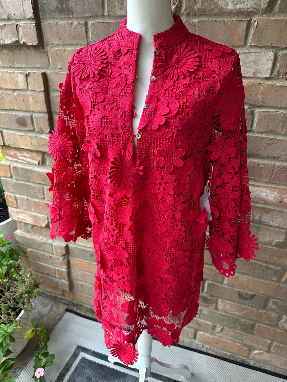 Eyelet Floral Crochet Longline Bra Jacket in Red